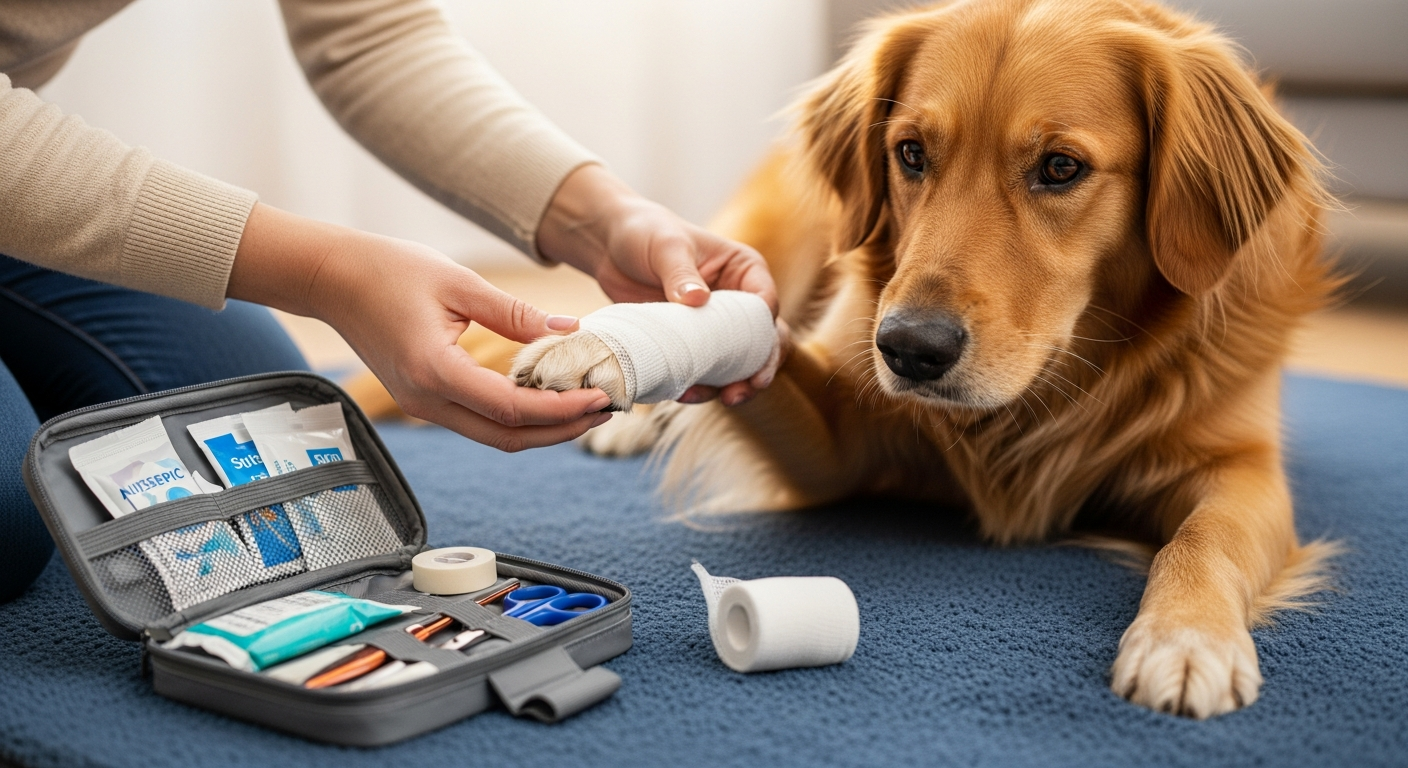 Bandaging a dog paw with gauze during first aid