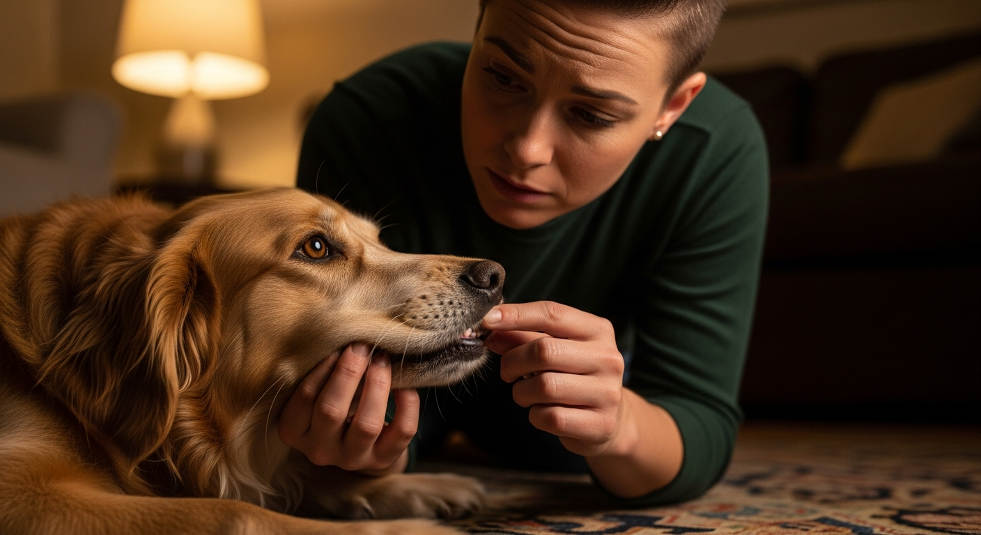 Checking a dog's gum color for shock assessment
